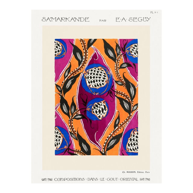 Flower Pochoir Pattern, Art Nouveau Oriental Design, Vintage Art Print Reproduction, 18″ × 24″ For Sale