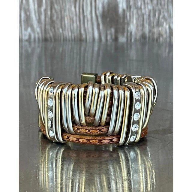 Vintage Leather & Silver Rhinestone Cuff Bracelet For Sale In West Palm - Image 6 of 12