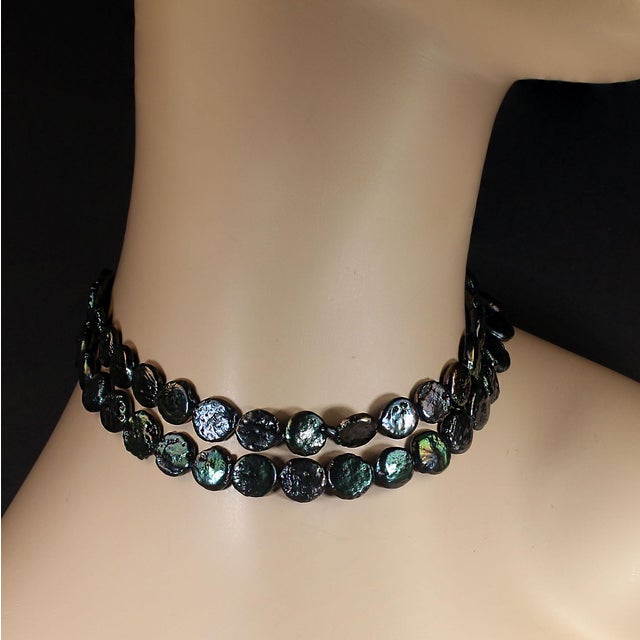 2020s Ajd 28 Inch Iridescent Blue/Green Coin Pearl Necklace For Sale - Image 5 of 6