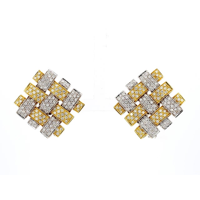 Garavelli 3.5 Ct Diamond Woven Square 18k Two-Tone Gold Clip-on Earrings, Pair For Sale - Image 9 of 9