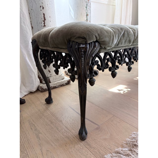 Vintage Hollywood Regency Tufted Velvet Bench With Ornate Metal Base For Sale - Image 4 of 12