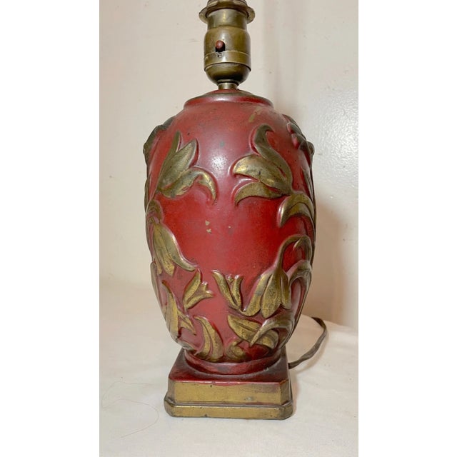 1920s Antique Heavy Bronze Clad Polychromed Red Flower Relief Electric Table Lamp For Sale - Image 5 of 11