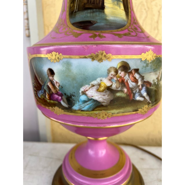 Vintage French Sevres Style Pink Porcelain Urn Table Lamp With Dual-Sided Hand-Painted Scenes For Sale In West Palm - Image 6 of 12