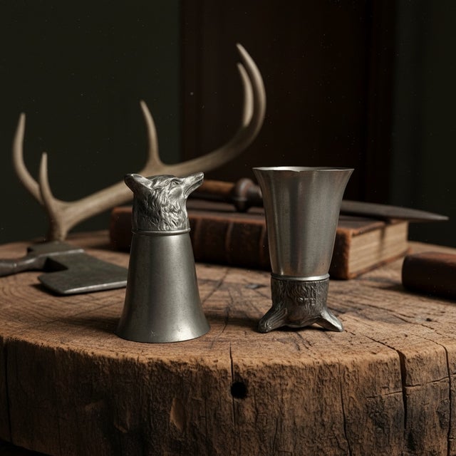 1950s Vintage Pewter Fox Head Stirrup Cups-Pair-English Hunting-Barware-Equestrian-Man For Sale - Image 5 of 13