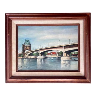Rustic European Still Life Rhine River Bridge Framed Original Oil Painting For Sale