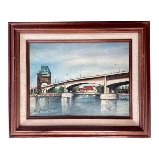 Rustic European Still Life Rhine River Bridge Framed Original Oil Painting For Sale