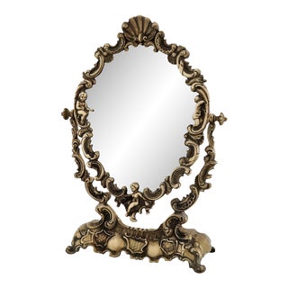 Mid-Century Italian Vanity Dressing Table with Mirror in Bronze with Angels, 1950s For Sale
