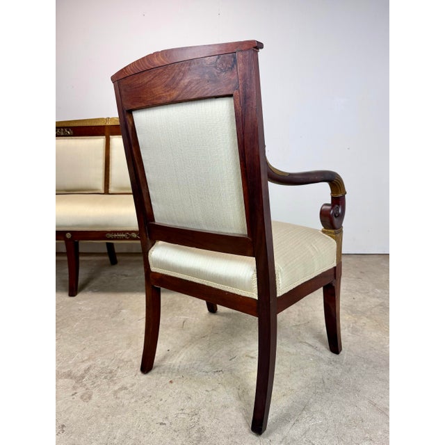 Antique French Empire Parlor Suite Set Settee & King / Queen Armchairs Restored For Sale - Image 9 of 12