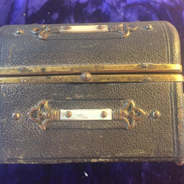 Continental Shagreen, Mother of Pearl Miniture Trunk With Gilt Filigree Crystal Bottles - 3 Pieces For Sale - Image 9 of 13