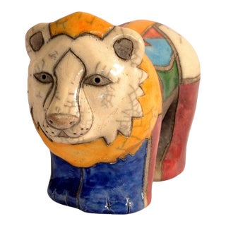 1950 South African Handmade Colorful Raku Ceramic Lion Animal Sculpture Folk Art For Sale