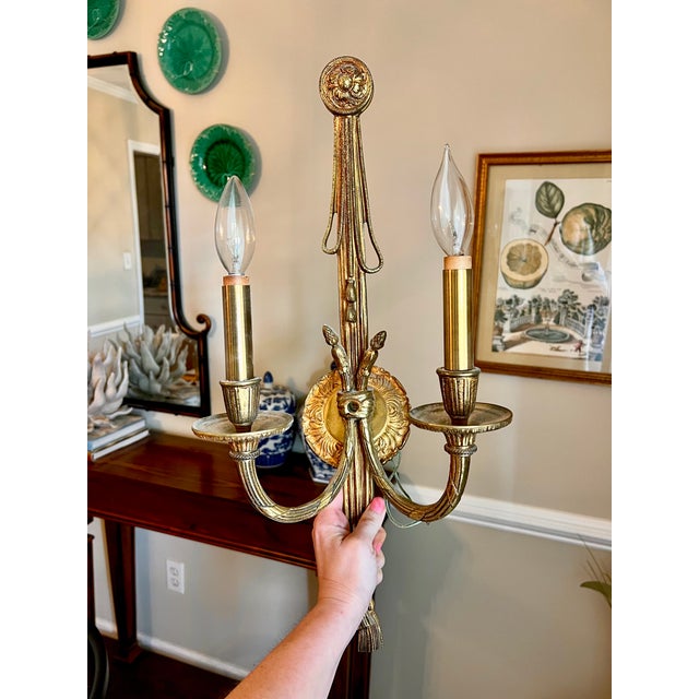 1950s Vintage French Louis XVI Gilt Bronze Double-Arm Rope and Tassel Wall Sconces - a Pair For Sale - Image 5 of 13