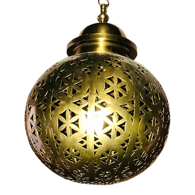 1970s Moroccan Brass Ball Chandelier With Embossed Patterns and Warm Glow For Sale