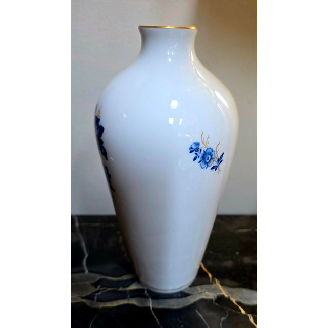Vintage Miessen Floral Blue and Gold on White Vase For Sale - Image 4 of 6