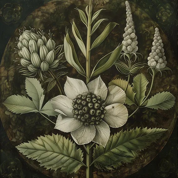 Grisaille Dark Green Flowers - Botanical Fine Art Print Dimensions: Print size (in): 18 x 18 (additional white borders for...