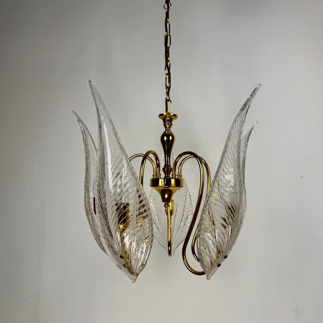 Gold Large Brass and Murano Glass Leaves Chandelier, Italy, 1980s For Sale - Image 8 of 11