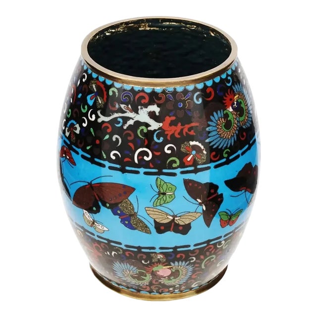 Late 19th Century Large Antique Meiji Japanese Cloisonne Enamel Barrel Vase With Butterflies For Sale