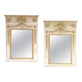Distressed Neoclassical Trumeau Mirrors, Cream & Gold, 1930s, Pair For Sale