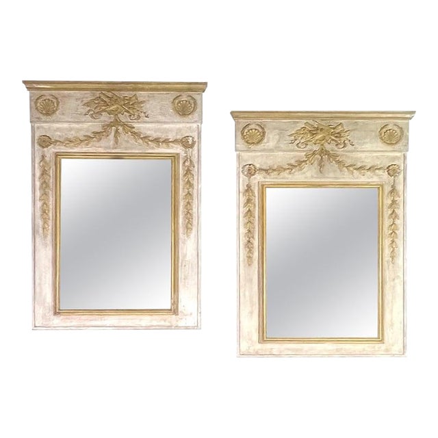 Distressed Neoclassical Trumeau Mirrors, Cream & Gold, 1930s, Pair For Sale