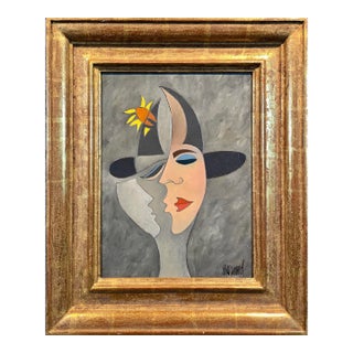 Phillipe Marchand -Surrealist Portrait of a Man Kissing a Woman-Oil Painting For Sale