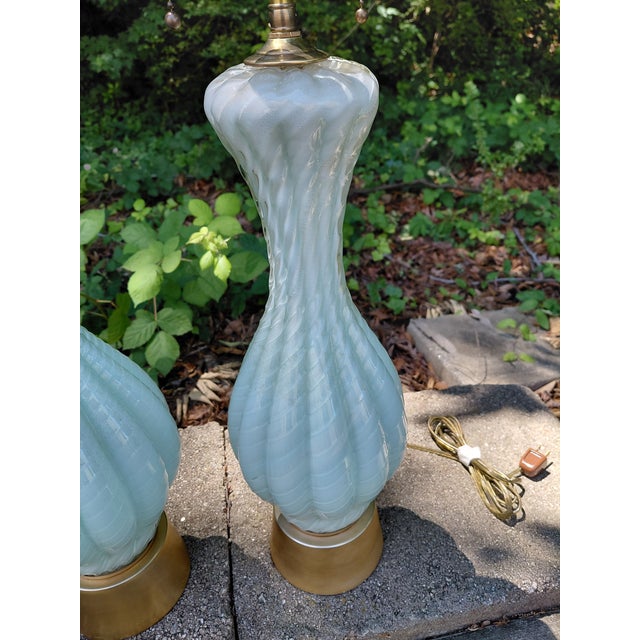1950s Alfredo Barbini Murano Aventurine Glass Attributed Celadon Table Lamps, Twisted Form - a Pair For Sale - Image 4 of 8