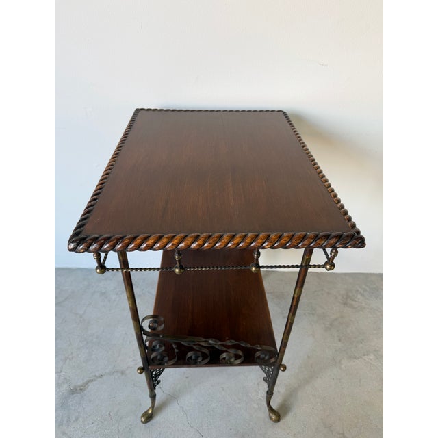 Antique Victorian Oak Wood and Brass Two-Tier Accent Table With Twisted Gallery For Sale - Image 4 of 12