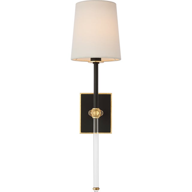 Metal Julie Neill for Visual Comfort Signature Lucia 21" Cordless Sconce in Matte Black and Crystal with Linen Shade For Sale - Image 7 of 13