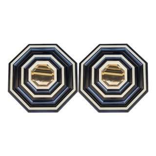 Mid-Century Modern Hexagon Form Ebonized Bullseye Beveled Wall Mirrors - Pair For Sale