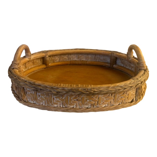 1970s Oval Wicker Rattan Basket With Handles For Sale