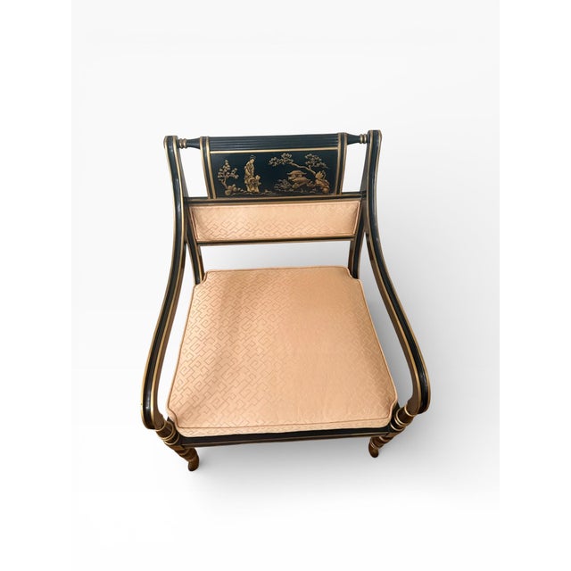 Pair of Drexel Heritage Chinoiserie Regency Armchairs in Ebonized Finish With Gilt Decoration For Sale In Boston - Image 6 of 13