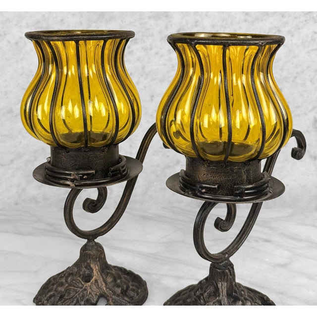 Metal Vintage Gothic Revival Wrought Iron & Blown Amber Glass Candle Holders - A Pair For Sale - Image 7 of 9