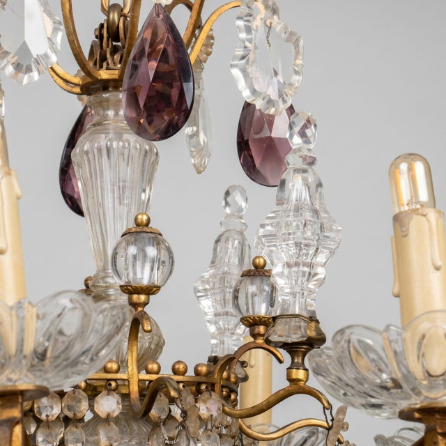 Large Louis XV Style Cage Chandelier with Crystal Pendants and Amethyst Drops, 1950 For Sale - Image 9 of 18