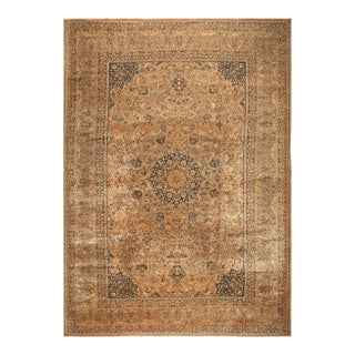 1920s Tan Camel Medallion Antique Persian Mashhad Rug 13' 4" X 19' 1" Handknotted Wool Carpet For Sale