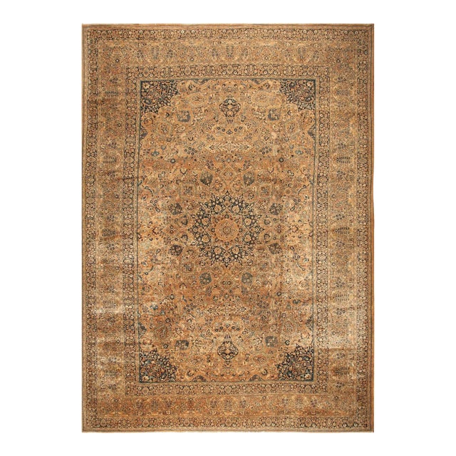 1920s Tan Camel Medallion Antique Persian Mashhad Rug 13' 4" X 19' 1" Handknotted Wool Carpet For Sale