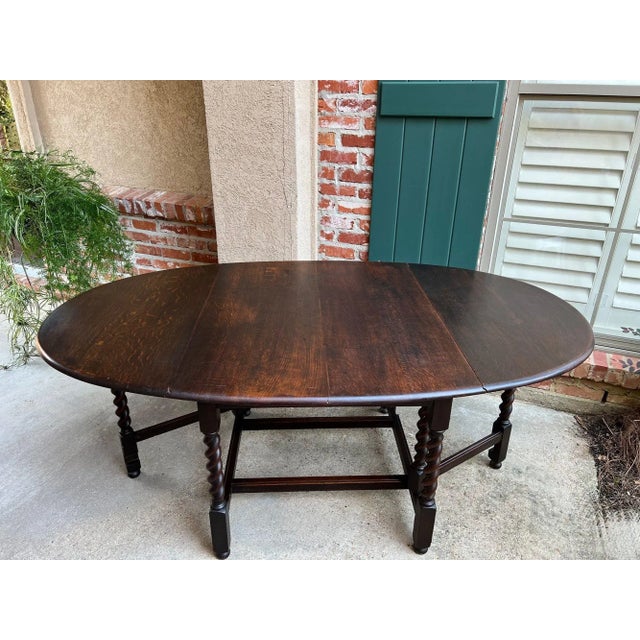 1920s Antique English Drop Leaf Sofa Kitchen Table Barley Twist Tiger Oak Gate Leg For Sale - Image 5 of 18