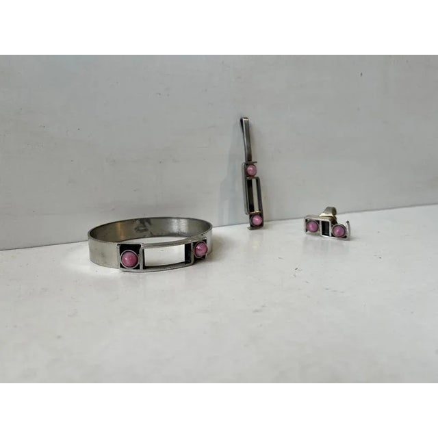 Pink Danish Modern Ring and Pendant and Armring in Pewter and Pink Stones, 1970s, Set of 3 For Sale - Image 8 of 8