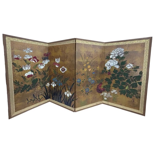 Japanese Vintage Hiyakuho Imayasu Japanese Hand-Painted Floral Gold Byobu Screen For Sale - Image 3 of 18