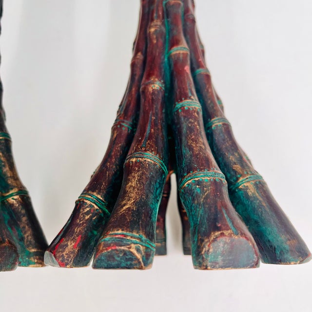 Vintage Faux Bamboo Bronze Metal Pillar Candleholders 12"h - A Pair For Sale - Image 12 of 16