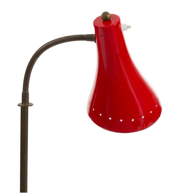 Brass Reading Lamp with Red Cone and Handle, 1950s For Sale - Image 4 of 17