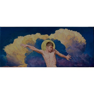 Holding Back the Moon, ca. 2018 by John Tarantola | Oil on Panel figure reaching toward the moon For Sale