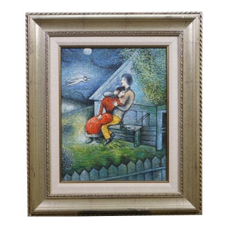 Late 20th Century The Lovers Embrace at Moonlight Oil Painting After Marc Chagall 29" For Sale
