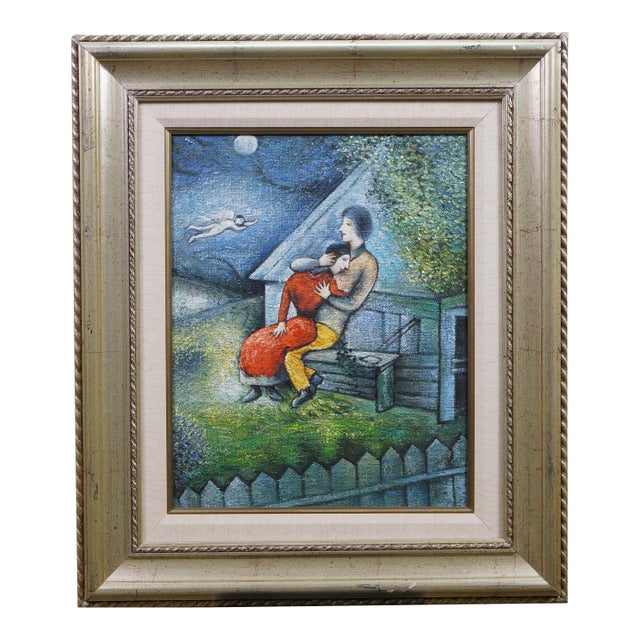Late 20th Century The Lovers Embrace at Moonlight Oil Painting After Marc Chagall 29" For Sale