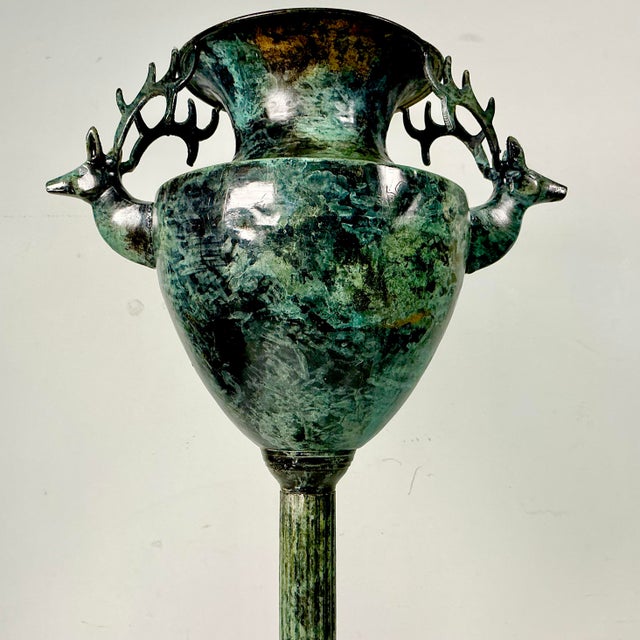 1970s Vintage Neoclassical English Stag Head Faux Verdigris Green Tole Pedestal Urn Vase. For Sale - Image 14 of 15
