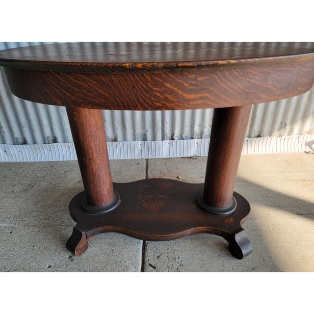 Antique Oval Library Table Tiger Oak With Column Base Circa. 1890 For Sale - Image 13 of 13