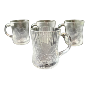 Vintage Arcoroc Canterbury Glass Mugs – Clear Floral Ribbed French Cups - Set of 4