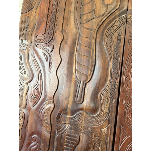 Mid-Century Modern Vintage Tribal Hand-Carved Barn Door | Brown Wooden Sliding Door Panel | Rustic Boho 80 For Sale - Image 3 of 8