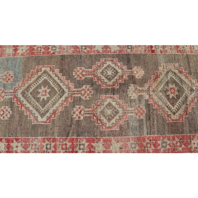 Textile Turkish Oushak Runner With Coral Red and Taupe Geometric Medallion Design For Sale - Image 7 of 12