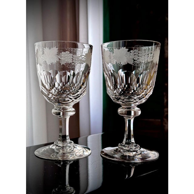 Antique Engraved Glass Claret Jug with Crystal Wine Goblets, 1890s, Set of 3 For Sale - Image 8 of 18