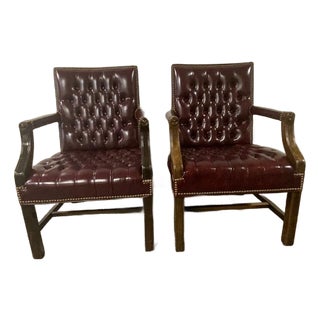 Vintage Georgian Style Burgundy Leather Gainsborough Armchairs Tufted Chesterfield For Sale