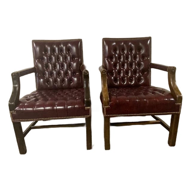Vintage Georgian Style Burgundy Leather Gainsborough Armchairs Tufted Chesterfield For Sale