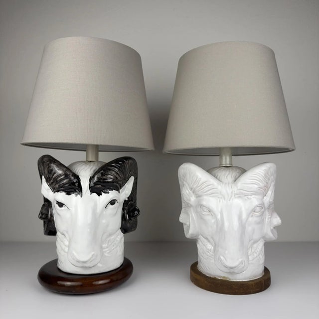 The pair of rare vintage table lamps in the shape of a ram's head. Made in italy in the 1973. the lamp has the original...